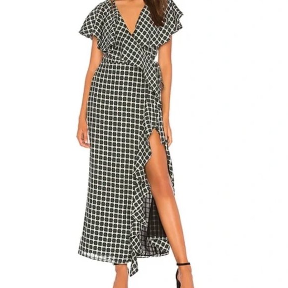 Tularosa Mila Green Plaid Ruffle Maxi Wrap Dress Size Small - Picture 3 of 8